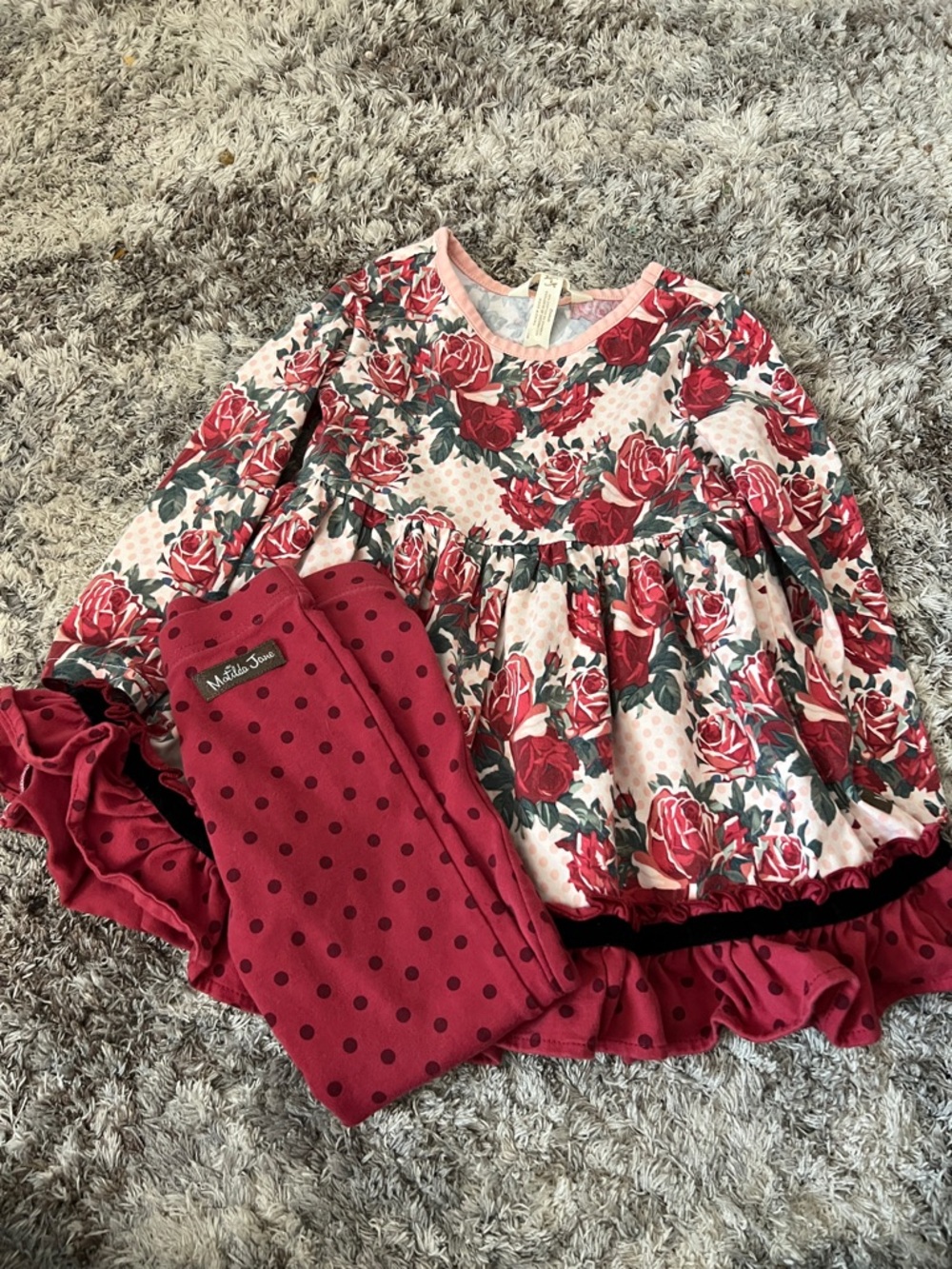 Matilda Jane Pink Floral Dress with Burgundy Polka Dot Leggings